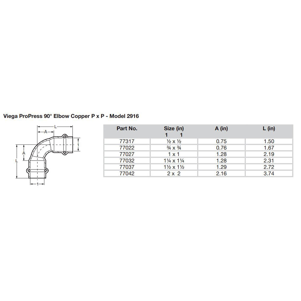Viega ProPress 12 90 Copper Elbow Double Press Connection Smart Connect Technology 77317