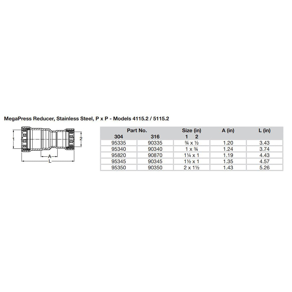 Viega MegaPress 1 x 34 Stainless Steel 304 Reducer  Double Press Connection  Smart Connect Technology 95340